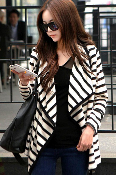 Style Woman Long Sleeve Stripe Cotton Coat